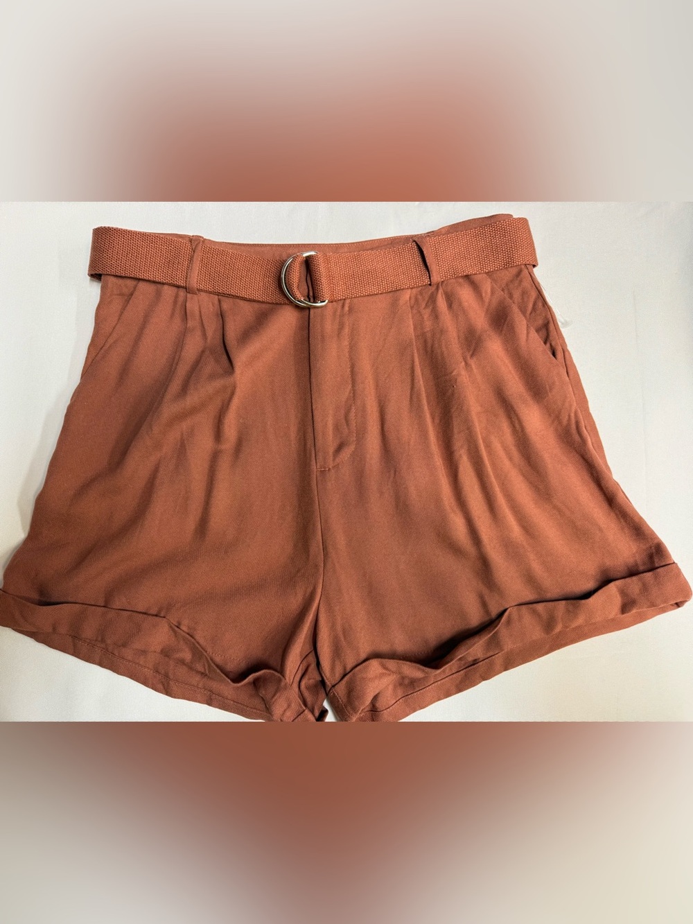 High-Waist D-Ring Belted Shorts in Rust